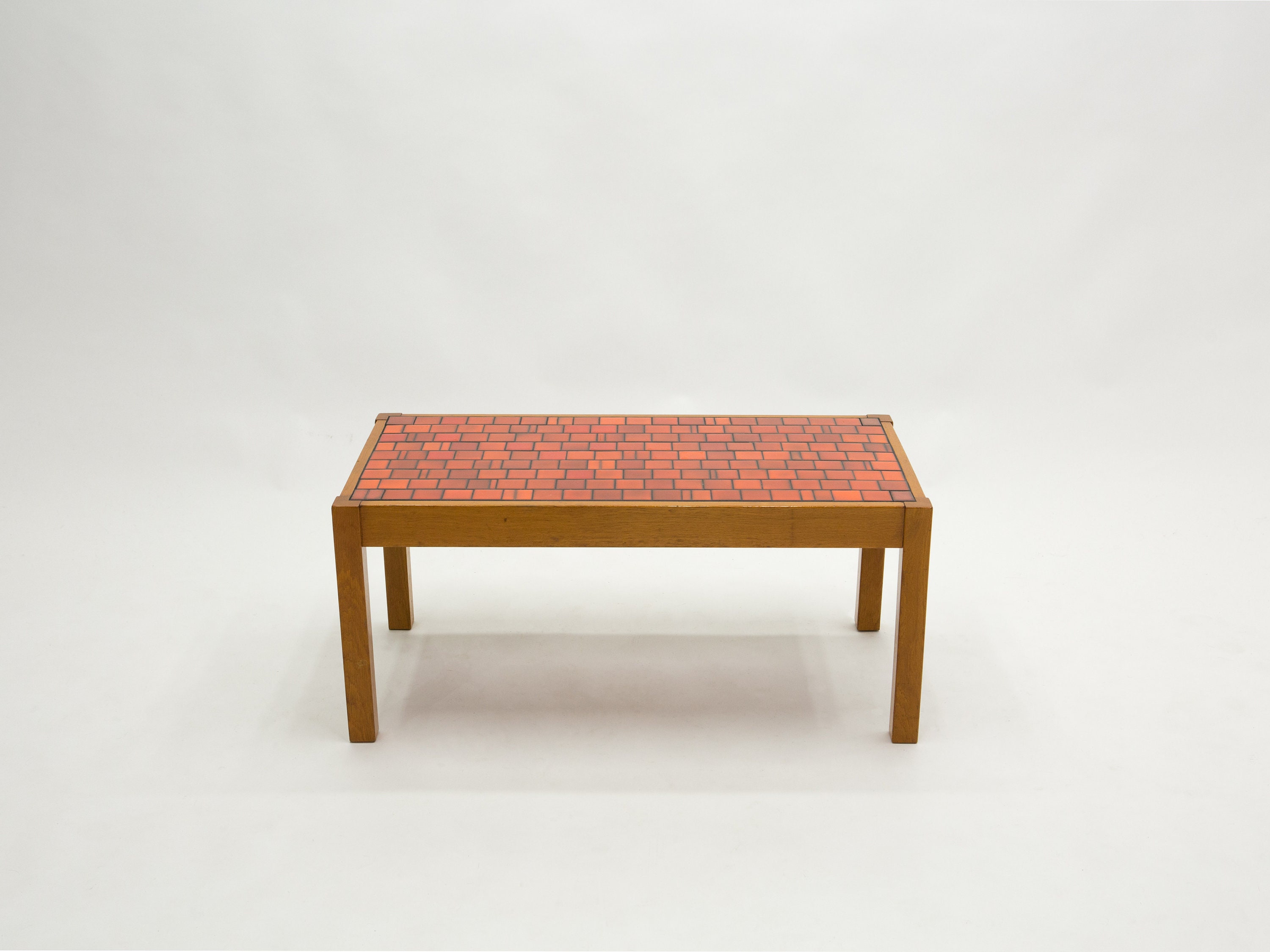 French Oak Wood & Red Ceramic Coffee Table 1960S