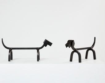 Edouard Schenck dog Dachshund andirons wrought iron 1950s