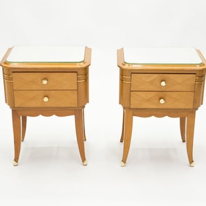 French sycamore brass Night Stands 2 drawers by Jean Pascaud 1940s