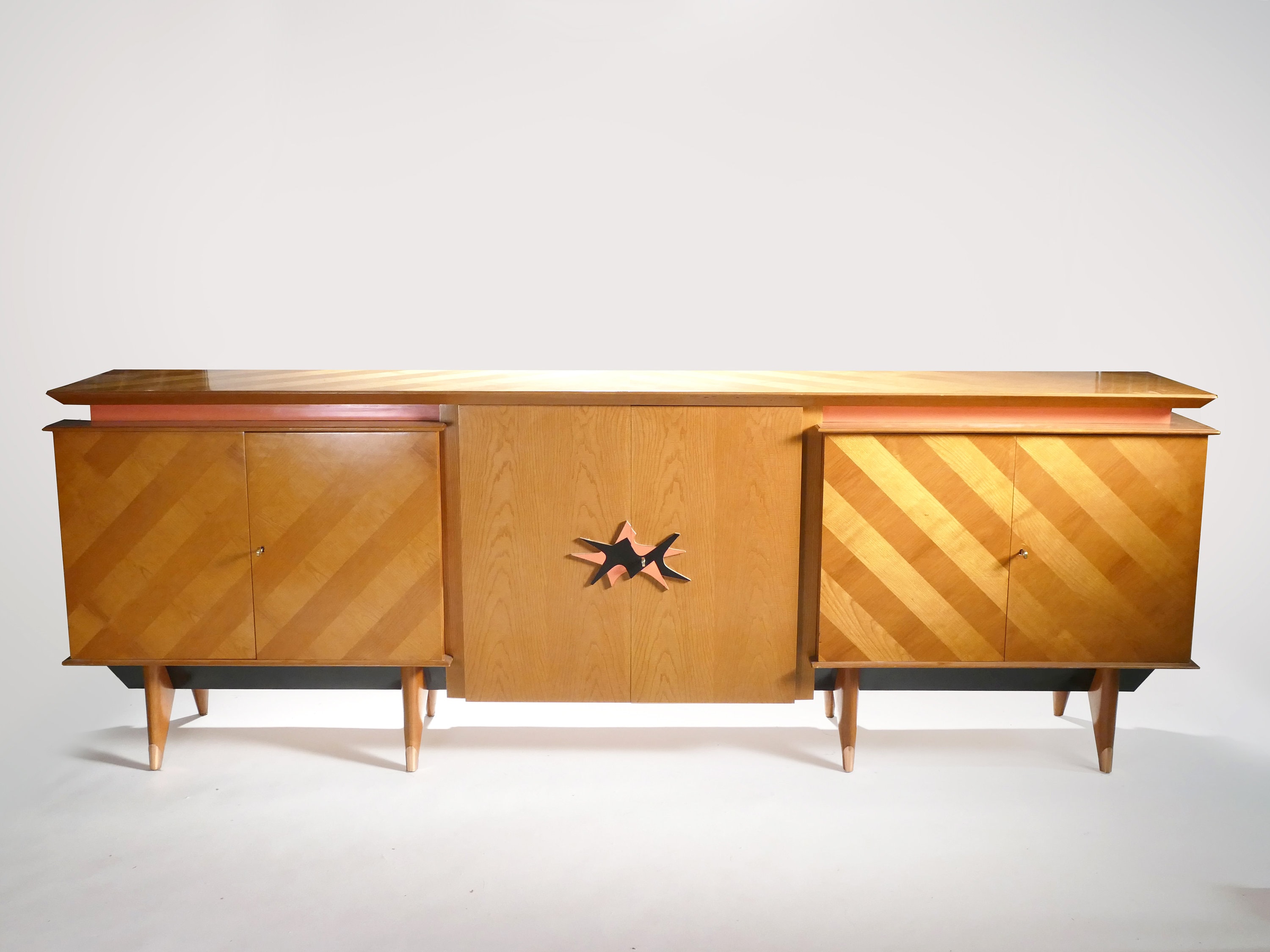 French Mid-Century Large Modernist Oak Sideboard Royer Style 1950S