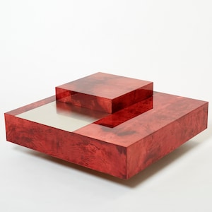 Aldo Tura red goatskin parchment steel bar coffee table 1960