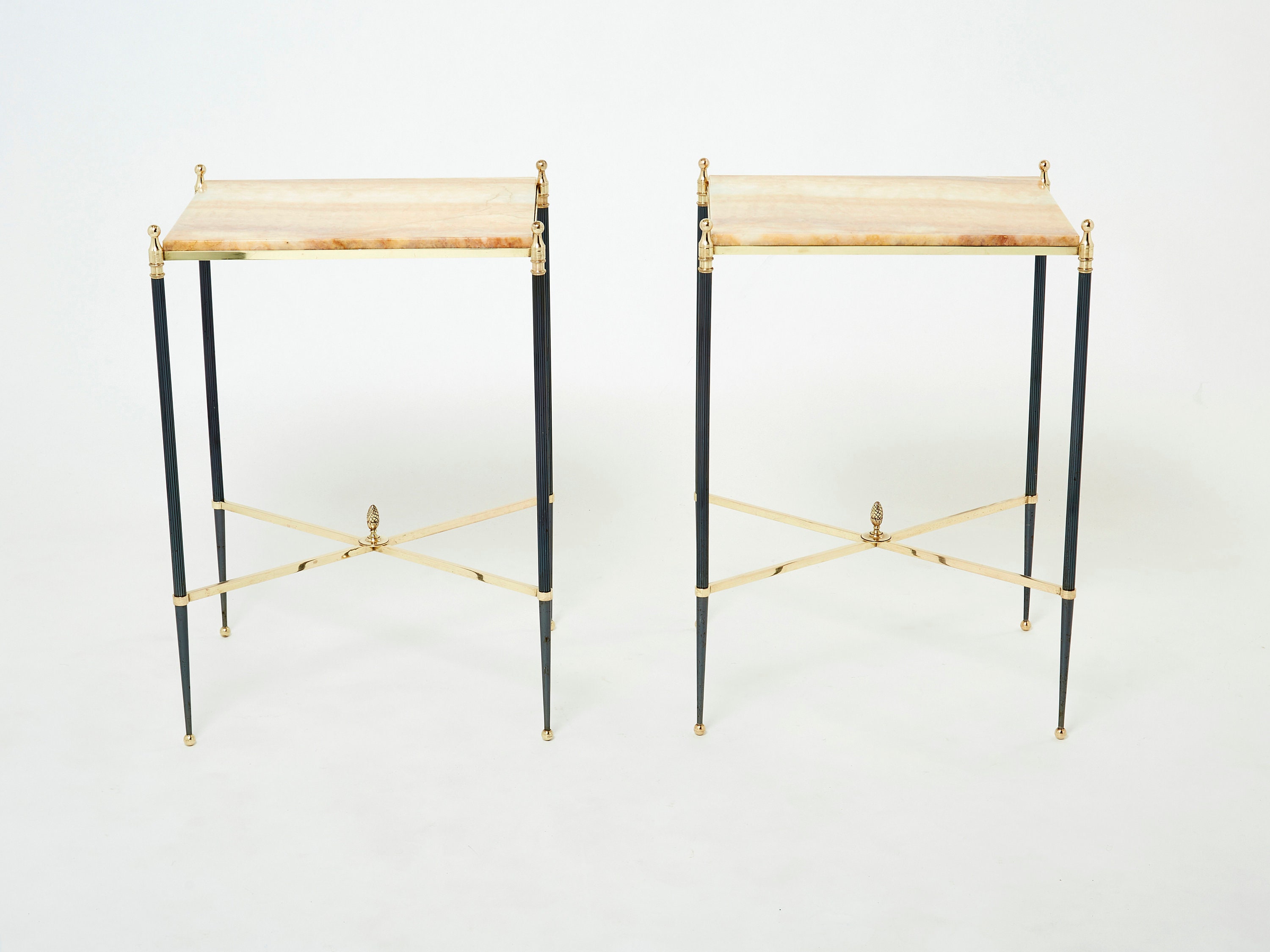Pair Of French Maison Jansen Brass Gunmetal Onyx End Tables 1960S