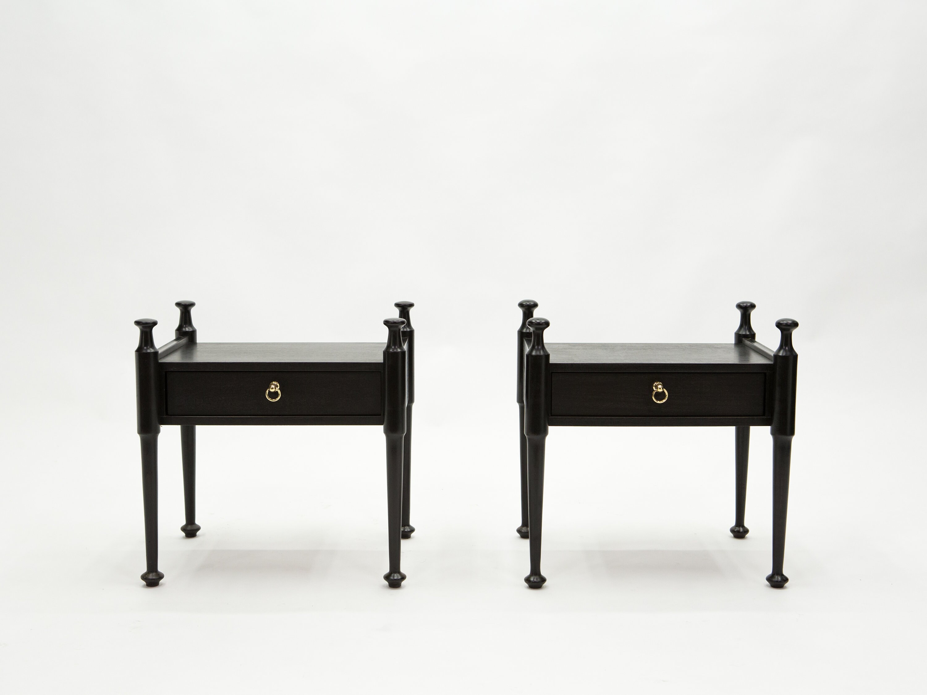 Pair Of French Night Stands Black Tinted Wood & Brass 1970S