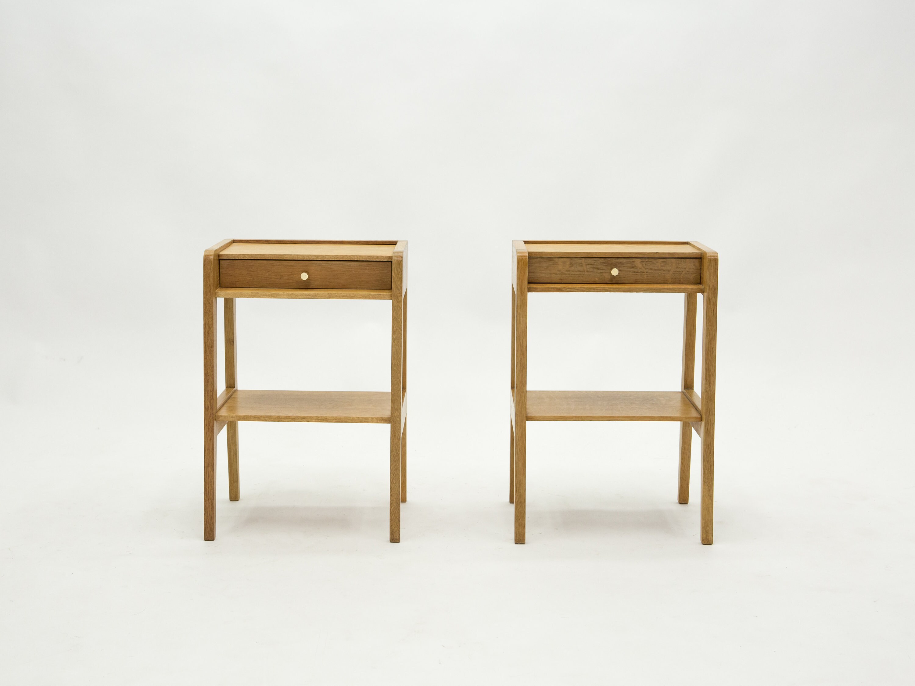 French Pair Of Modernist Night Stands One Drawer Oak Wood 1950S