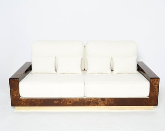 Rare golden lacquer and brass Maison Jansen bouclé sofa 1970s