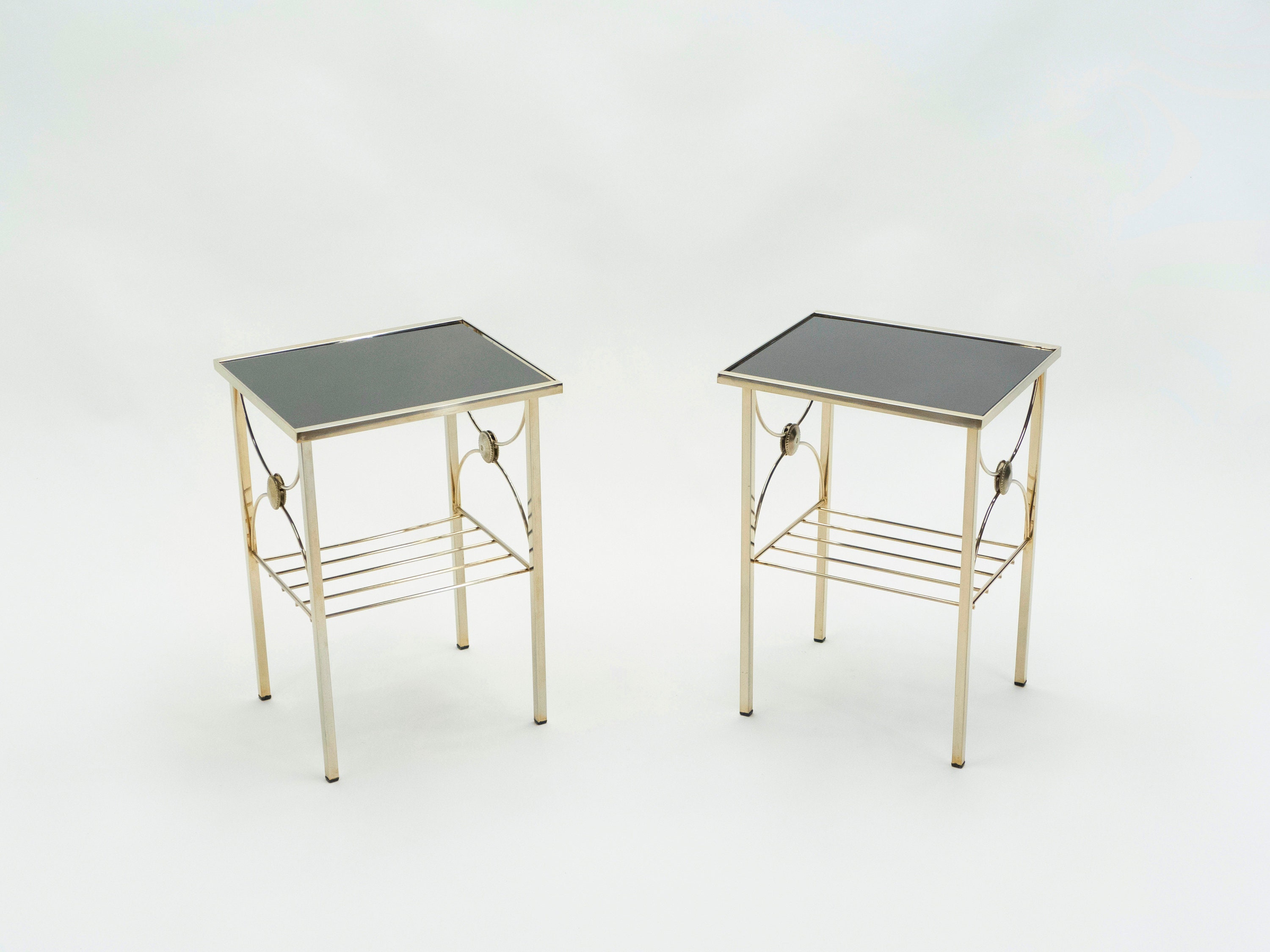 French Gilded Metal & Black Opaline Glass End Tables 1960S