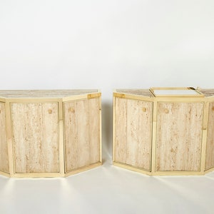 Pair of Alfredo Freda brass and travertine cabinets buffets 1975