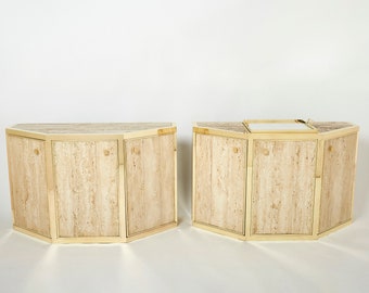 Pair of Alfredo Freda brass and travertine cabinets buffets 1975