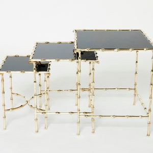 French Maison Baguès bamboo brass black top nesting tables 1960s