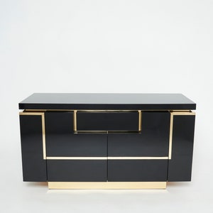 J.C. Mahey brass black lacquered sideboard bar cabinet 1970s