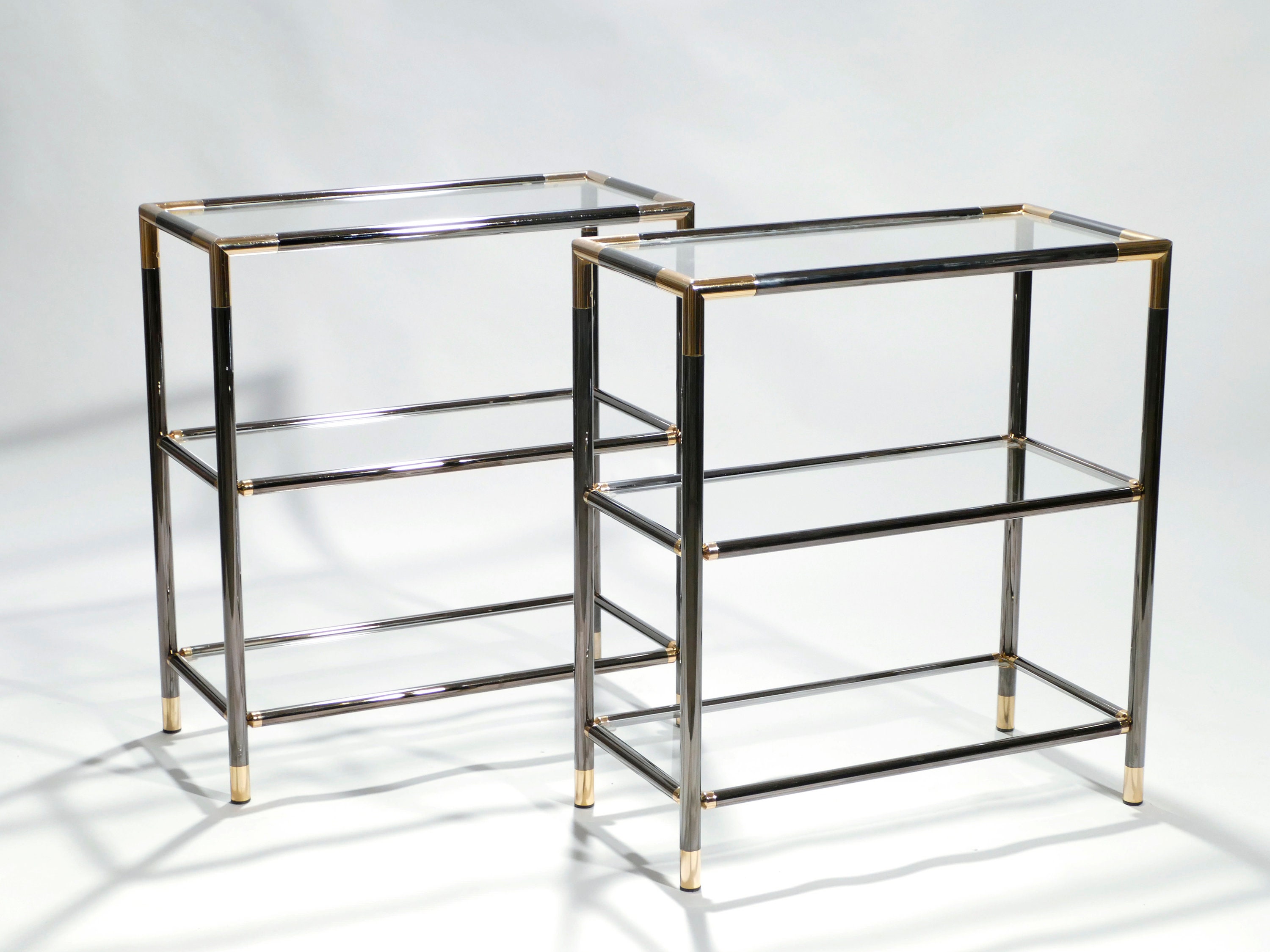 Pair Of French Gunmetal & Brass Three Tiered Shelves 1970S
