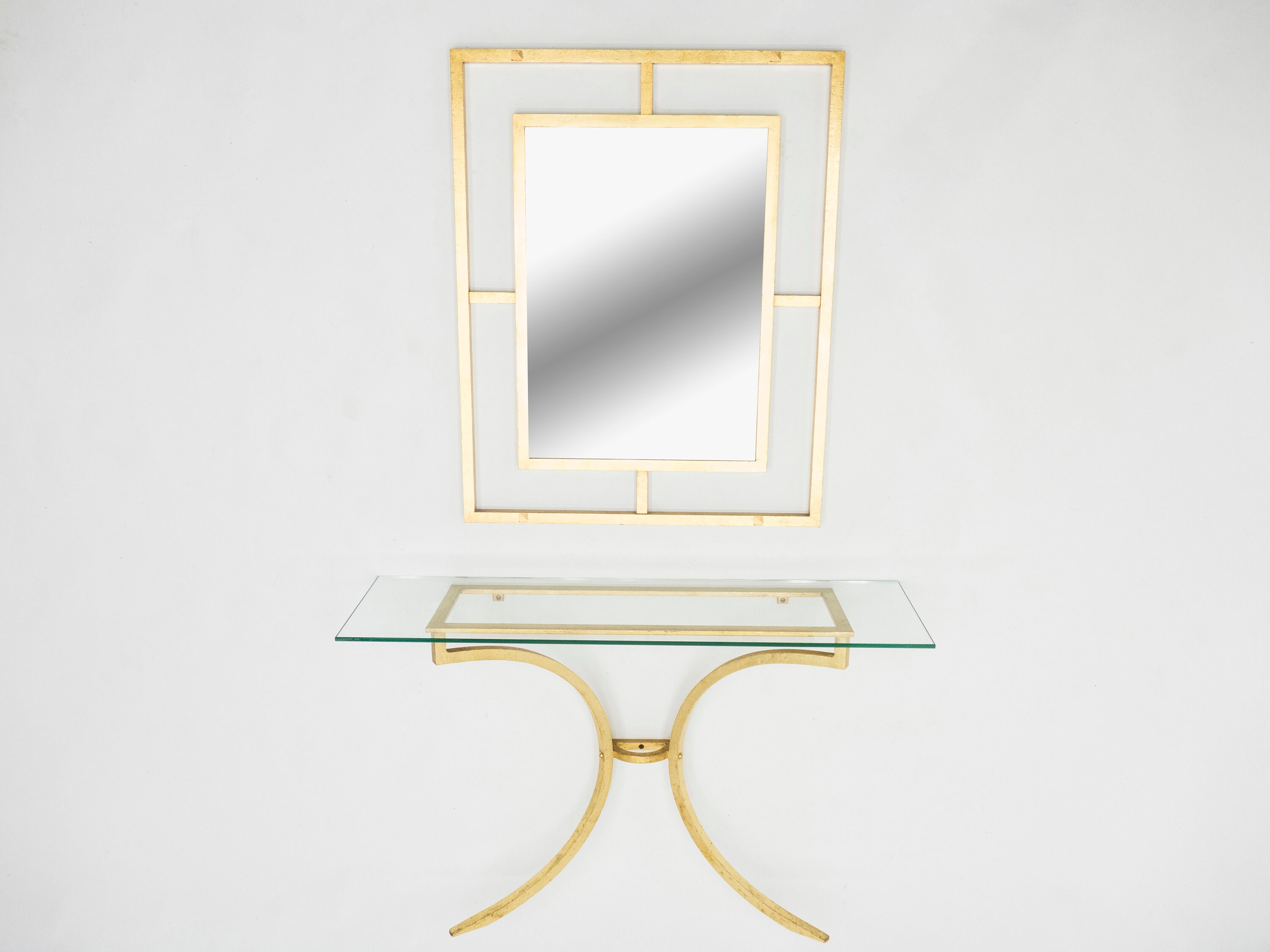 Rare Roger Thibier Gilt Wrought Iron Gold Leaf Console Table With Mirror 1960S