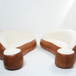 Set di due divani croissant di Raphael Raffel in pelle e bouclé anni 1970