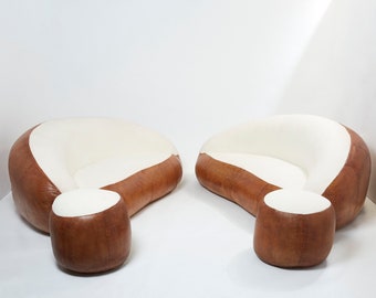 Set of two croissant sofas by Raphael Raffel leather and bouclé 1970s