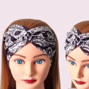 Wide Twist Skulls Headband, Ladies Stretchy Headband, Wide Ladies Headband, Wide Turban Headband, Knot Headband, Gothic Headband