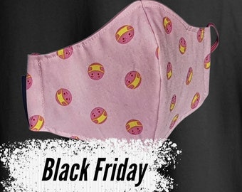 3 Layers Pink Masked Emoji Face Mask, Filter Pocket, Adjustable Straps, 100% Cotton, Reusable and Washable, Pink Mask, Emoji Mask