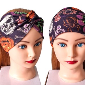 Wide Turban Headband, Gothic Headband, Wide Twist Ladies Headband, Skull Headband, Autumn Headband, Halloween Headband, Pumpkin Headband