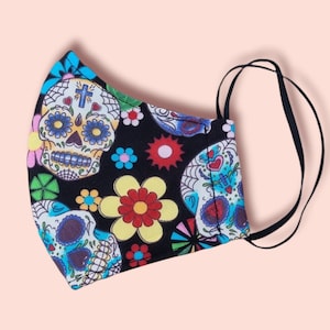3 Layers Candy Skulls Face Mask, Filter Pocket, Adjustable Straps, 100% Cotton, Reusable Mask, Washable Mask Goth Face Mask, Skull Mask