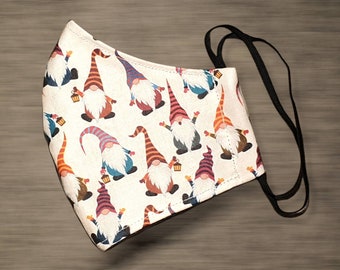 3 Layers Christmas Gonks Face Mask, Filter Pocket, Adjustable Straps, 100% Cotton, Reusable Mask, Washable Mask, Gnome Face Mask