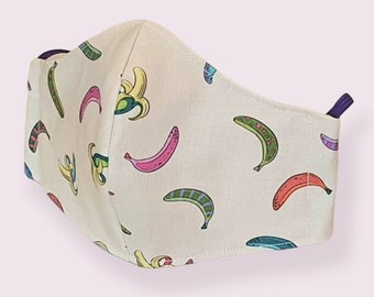 3 Layers, Bananas Face Mask, Fitted Face Mask, Filter Pocket, Adjustable Straps, 100% Cotton, Reusable and Washable.