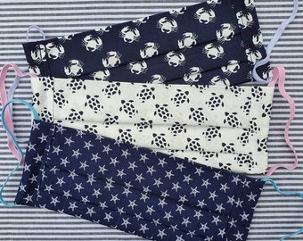 ADULTS, TEENS, CHILDRENS. Nautical Face Masks, Washable, Filter Pocket, Adjustable Straps, 100% Cotton, Nautical, Pleated Face Mask