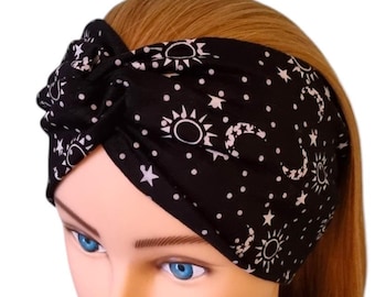 Wide Twist Gothic Headband, Ladies Stretchy Headband, Wide Ladies Headband, Wide Celestial Headband, Black Sun Moon Headband, Stars Headband