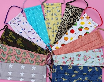 ADULTS, TEENS, CHILDRENS. 100% Cotton, Pleated Face Masks, 2 Layers, Filter Pocket, Adjustable Elastic Straps, Reusable And Washable.