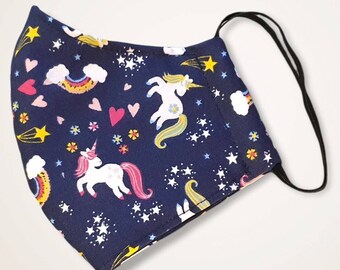 3-lagig, Filtertasche, ADULT TEENS, KINDER, angepasste Gesichtsmaske, verstellbare Riemen, wiederverwendbar, Navy Unicorn Mask, Einhorn-Gesichtsmaske