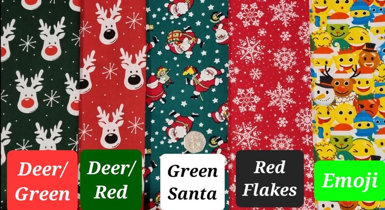 May include: Four different fabric swatches with Christmas themes. The first two swatches feature a white reindeer on a green and red background. The third swatch features a green background with white stars and Santa Claus figures. The fourth swatch features a red background with white snowflakes. The last swatch features a green background with a variety of colorful emoji faces.