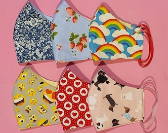 3 Layers, Filter Pocket, ADULT TEENS, CHILDRENS, Fitted Face Mask, Adjustable Straps, Reusable and washable.