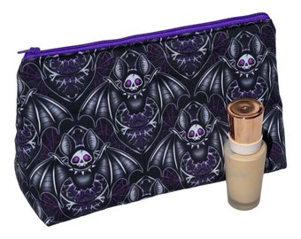 Bats Make Up Bag, Bats Cosmetic Bag, Goth Bats Zip Bag, Purple Bats Bag