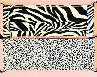 VUXNA - TONÅRINGAR - BARN, 100 % bomull med zebra- och leopardmönster, 2 lager, filterficka, justerbara elastiska remmar, tvättbar