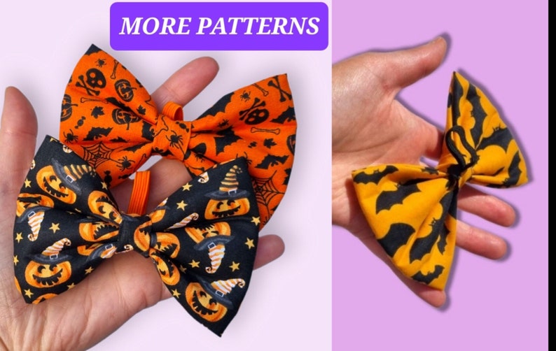 May include: Three Halloween-themed bow ties. One is orange with bats, pumpkins, and skulls. Another is black with orange pumpkins and stars. The last is yellow with black bats.