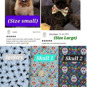May include: Two dog bow ties, one in a small size and one in a large size. The small bow tie is on a light brown dog with a fluffy tail. The large bow tie is on a black dog with a fluffy tail. The bow ties are made of fabric with a spider, skull, and floral pattern. The text "Size small" and "Size large" is visible in the image.
