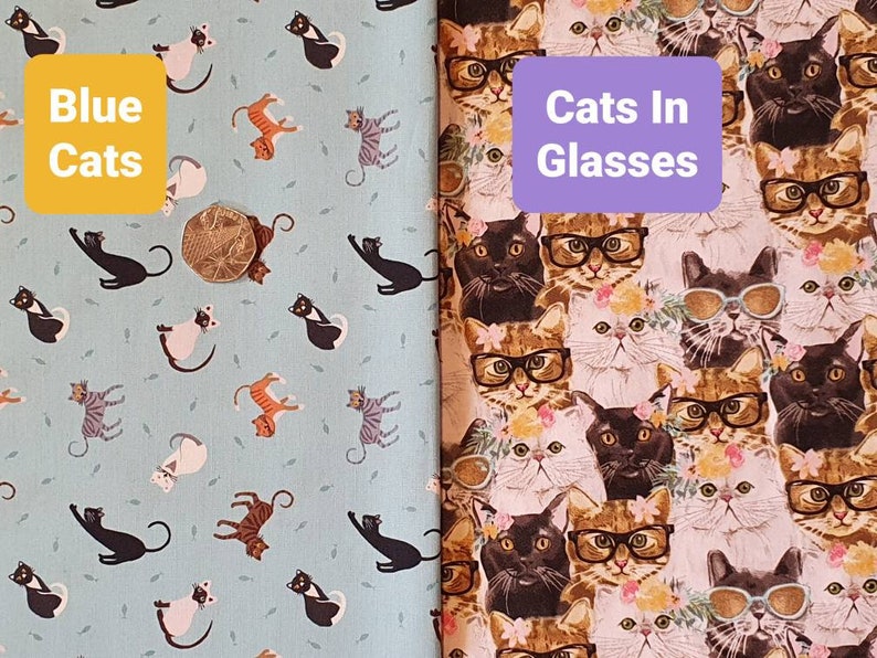 May include: Two fabric swatches with a repeating pattern of cats. The left swatch features blue cats on a light blue background with the text "Blue Cats". The right swatch features cats wearing glasses on a pink background with the text "Cats In Glasses".