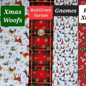 May include: Four different Christmas fabric swatches. The first is white with a repeating pattern of dogs wearing Santa hats and candy canes. The second is red and green tartan. The third is white with a repeating pattern of gnomes. The fourth is red with a repeating pattern of Christmas trees, candy canes, and stockings.