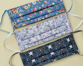 100% Cotton Floral Face Masks, Filter Pocket, 2 layers, Washable with adjustable elastic straps. Mens, ladies, teen, childrens sizes.