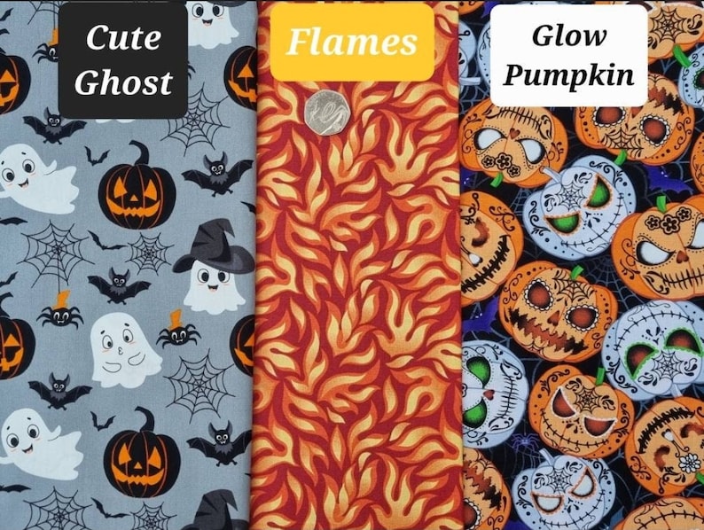 May include: Three fabric swatches with different Halloween themes. The first swatch features a cute ghost and pumpkin design on a light blue background. The second swatch has a red and orange flame pattern. The third swatch has a glow-in-the-dark pumpkin design on a black background. The text on the swatches reads "Cute Ghost", "Flames", and "Glow Pumpkin".