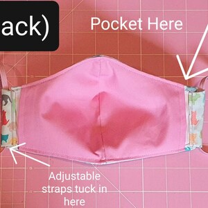 May include: The back of a pink fabric face mask with adjustable straps. The straps tuck into the side seams of the mask. The mask has a pocket on the front side for a filter. The text "(Back)" and "Pocket Here" are visible in the image.