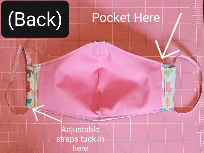 May include: The back of a pink fabric face mask with adjustable straps. The straps tuck into the side seams of the mask. The mask has a pocket on the front side for a filter. The text "(Back)" and "Pocket Here" are visible in the image.