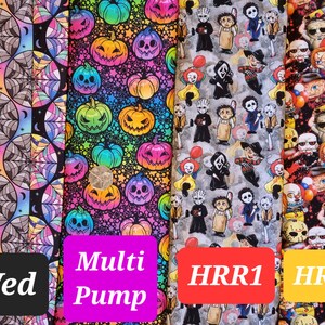 May include: Three fabric panels featuring Halloween themes. The first panel has a black background with a colourful geometric pattern of spiderwebs and crescent moons. The second panel has a black background with a rainbow gradient and a repeating pattern of colourful jack-o'-lantern pumpkins. The third panel has a grey background with a repeating pattern of horror movie characters, including Freddy Krueger, Jason Voorhees, and Michael Myers. The panels are labelled "Wed", "Multi Pump", "HRR1", and "HRR2".