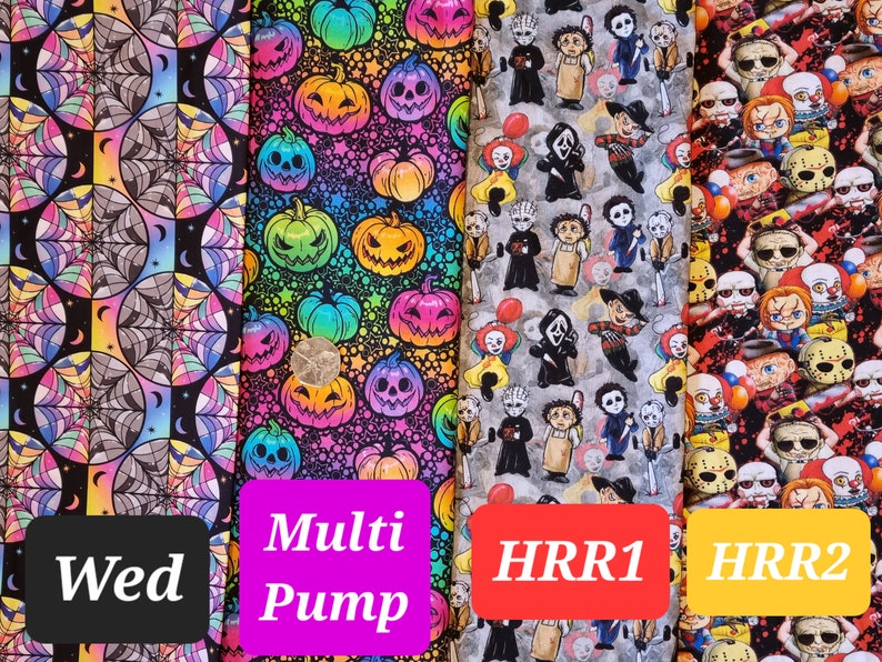 May include: Three fabric panels featuring Halloween themes. The first panel has a black background with a colourful geometric pattern of spiderwebs and crescent moons. The second panel has a black background with a rainbow gradient and a repeating pattern of colourful jack-o'-lantern pumpkins. The third panel has a grey background with a repeating pattern of horror movie characters, including Freddy Krueger, Jason Voorhees, and Michael Myers. The panels are labelled "Wed", "Multi Pump", "HRR1", and "HRR2".