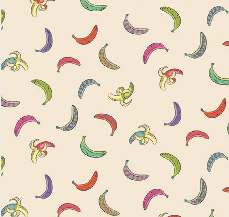 Puede incluir: Un patr&oacute;n sin costuras que presenta bananas coloridas con varios patrones y dise&ntilde;os sobre un fondo beige claro.