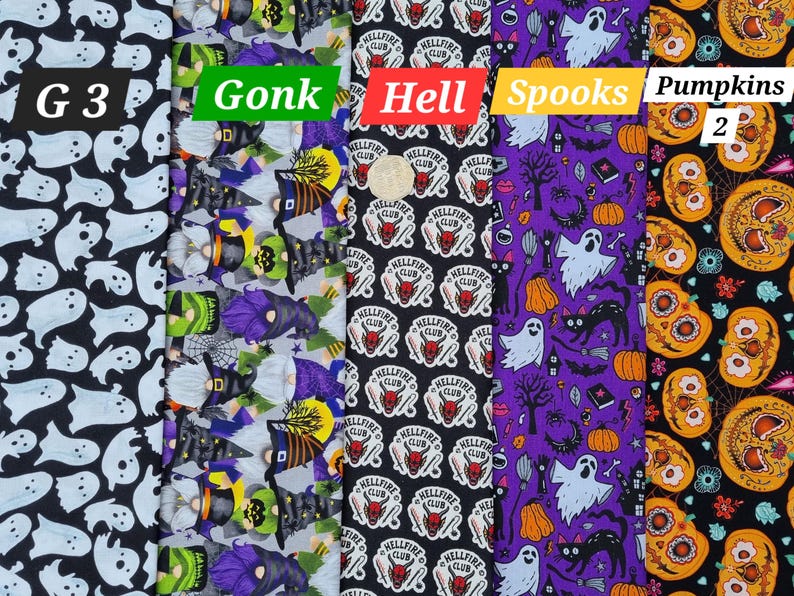 May include: Four different fabric swatches with Halloween themes. The first swatch is black with white ghost silhouettes and the text "G3". The second swatch is purple, green, and white with a gnome pattern and the text "Gonk". The third swatch is black with red and white "Hellfire Club" logos. The fourth swatch is purple with black cats, white ghosts, and orange pumpkins and the text "Spooks". The fifth swatch is black with orange and white pumpkins and the text "Pumpkins 2".
