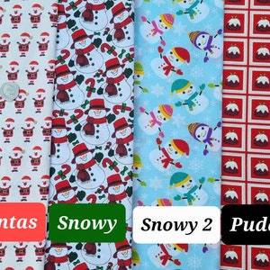 May include: Four different fabric swatches with Christmas themes. The first swatch features a white background with red and white Santa Claus figures. The second swatch features a white background with red, white, and green snowman figures. The third swatch features a light blue background with white, red, and green snowman figures. The fourth swatch features a red background with white squares and red and white pudding figures.