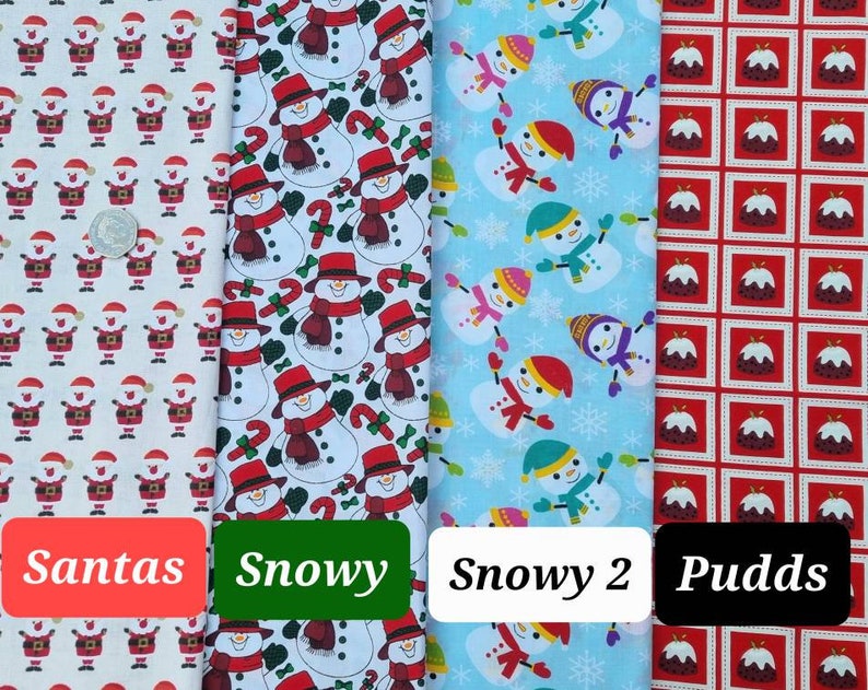 May include: Four different fabric swatches with Christmas themes. The first swatch features a white background with red and white Santa Claus figures. The second swatch features a white background with red, white, and green snowman figures. The third swatch features a light blue background with white, red, and green snowman figures. The fourth swatch features a red background with white squares and red and white pudding figures.