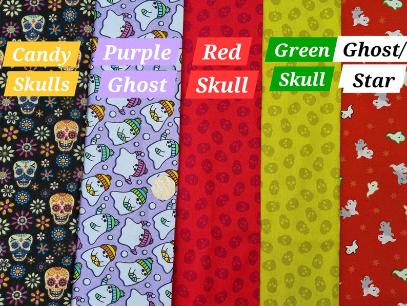 May include: Five fabric swatches featuring different Halloween designs. The first swatch is black with white candy skulls and flowers. The second swatch is purple with white ghosts wearing rainbow hats. The third swatch is red with white skulls. The fourth swatch is yellow with green skulls. The fifth swatch is red with white stars and white ghosts.