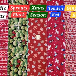May include: Five different red fabric swatches with various Christmas-themed patterns. The swatches are labeled "Nordic Xmas", "Sprouts Black", "Xmas Season", "Tomten Red", and "Gingmen Red".