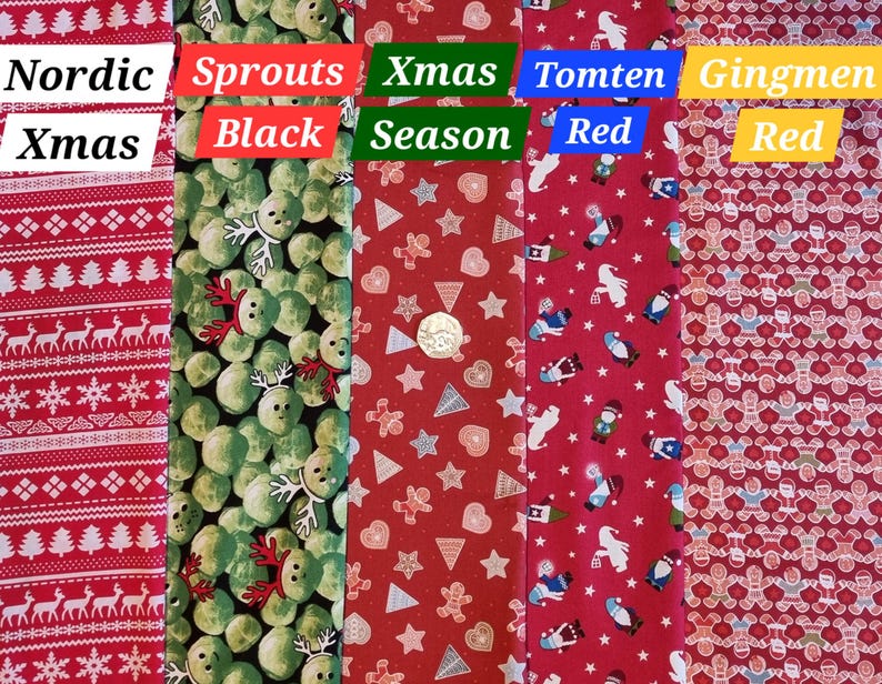 May include: Five different red fabric swatches with various Christmas-themed patterns. The swatches are labeled "Nordic Xmas", "Sprouts Black", "Xmas Season", "Tomten Red", and "Gingmen Red".
