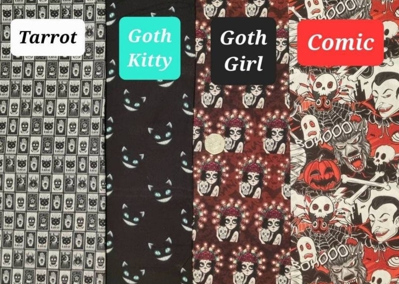 May include: Four fabric swatches featuring Halloween-themed patterns. The first swatch displays a black and white pattern of tarot cards. The second swatch has a black background with a repeating pattern of white cats with blue eyes. The third swatch features a red background with a repeating pattern of a woman holding a skull and wearing a flower crown. The fourth swatch has a red background with a repeating pattern of Halloween characters including a ghost, a werewolf, a vampire, a pumpkin, and a spider.